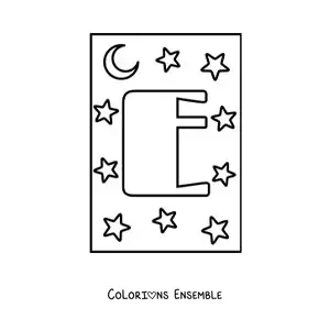 Image à colorier de la lettre E majuscule avec des étoiles et une lune