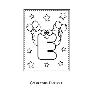 Image à colorier de la lettre E majuscule rigolote avec des ballons
