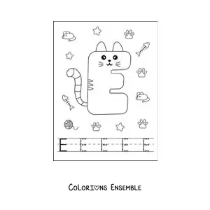 Image à colorier de la lettre E en forme de chat rigolo