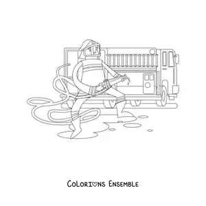Image à colorier d'un pompier animé tenant un tuyau