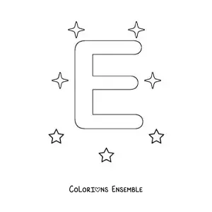 Image à colorier d'une lettre E majuscule avec des étoiles