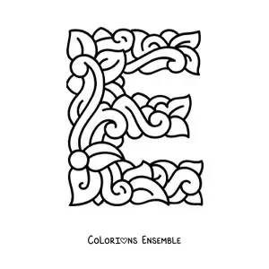 Image à colorier d'une lettre E majuscule décorée