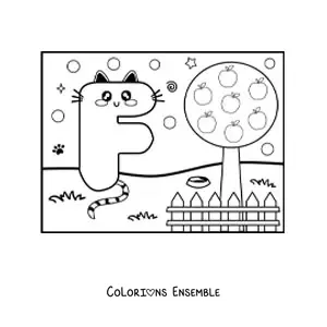 Image à colorier de la lettre F animée en forme de chat dans le parc