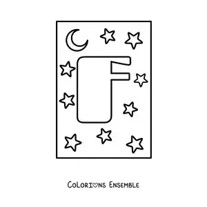 Image à colorier d'une lettre F majuscule avec des étoiles et une lune