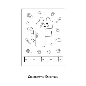 Image à colorier de la lettre F animée en forme de chat