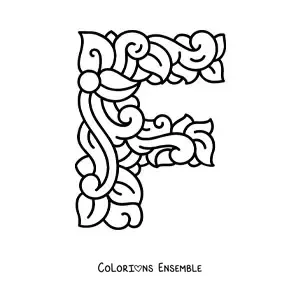 Image à colorier d'une lettre F majuscule décorée