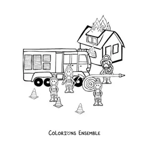 Image à colorier de plusieurs pompiers animés en train d'éteindre un incendie