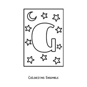 Image à colorier d'une lettre G majuscule avec des étoiles et une lune