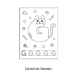 Image à colorier de la lettre G animée en forme de chat