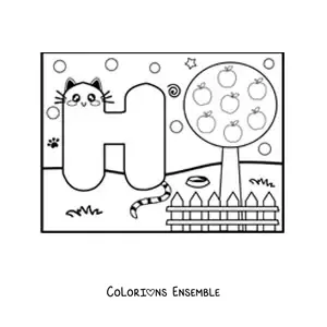 Image à colorier de la lettre H animée en forme de chat dans le parc