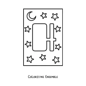 Image à colorier d'une lettre H majuscule avec des étoiles et une lune