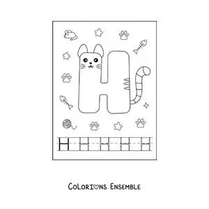 Image à colorier de la lettre H animée en forme de chat