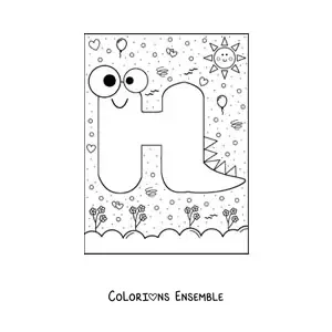 Image à colorier de la lettre H animée en forme de monstre de dessin animé