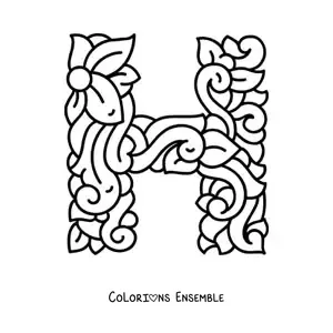 Image à colorier d'une lettre H majuscule décorée