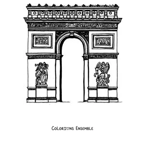 Coloriage de l'Arc de Triomphe avec des colonnes et des jardins sur les côtés