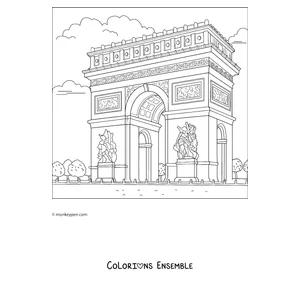 Coloriage de l'Arc de Triomphe en perspective entouré de jardins