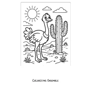 Coloriage d'une autruche à côté d'un cactus dans le désert