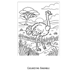 Coloriage d'une autruche dans la savane africaine