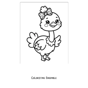 Coloriage d'une autruche kawaii avec un nœud