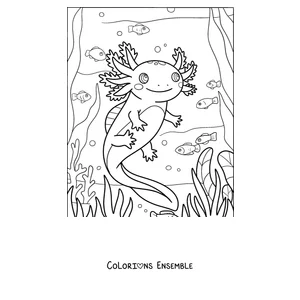 Coloriage d'un axolotl nageant parmi des petits poissons et des plantes