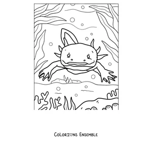 Coloriage d'un axolotl joyeux nageant parmi les algues