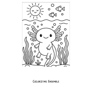 Coloriage d'un axolotl nageant sous un soleil souriant