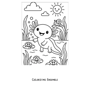 Coloriage d'un axolotl près d'un étang avec un escargot et le soleil