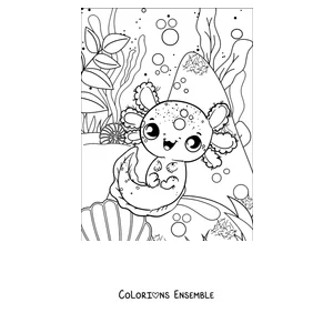 Coloriage d'un axolotl aux grands yeux assis sur un coquillage