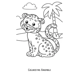 Coloriage d'un bébé guépard à côté d'un palmier