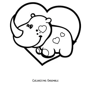 Coloriage d'un bébé rhinocéros dans un coeur