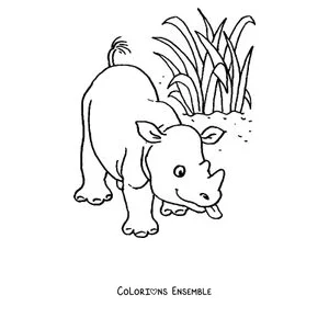 Coloriage d'un bébé rhinocéros et de sa maman qui broutent