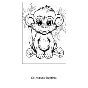 Coloriage d'un bébé singe assis parmi les feuilles