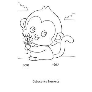 Coloriage d'un bébé singe qui tient une fleur