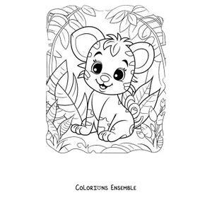 Coloriage d'un bébé tigre souriant assis dans la jungle