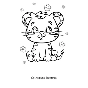 Coloriage d'un bébé tigre assis parmi les fleurs