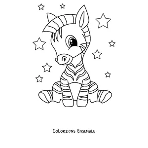 Coloriage d'un bébé zèbre assis parmi les étoiles