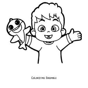 Coloriage de Bebefinn qui salue avec un bébé requin en peluche