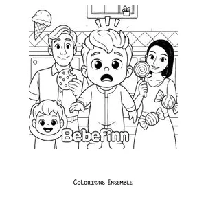 Coloriage de Bebefinn et sa famille avec des glaces et des friandises