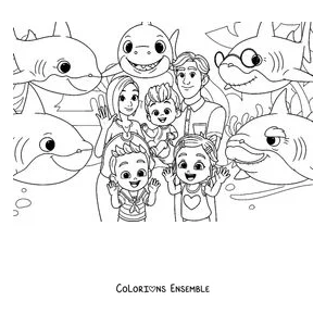 Coloriage de la famille de Bebefinn entourée de la famille de requins