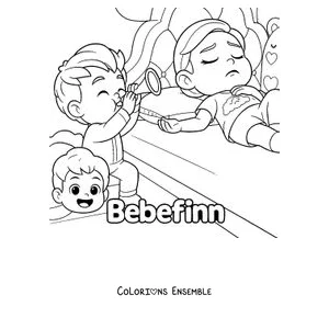 Coloriage des aînés de Bebefinn jouant avec une loupe pendant que Finn les regarde