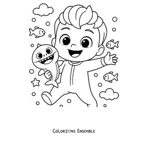 Coloriage de Bebefinn qui nage parmi les poissons et un bébé requin