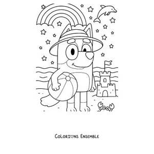 Coloriage de Bluey à la plage avec un ballon