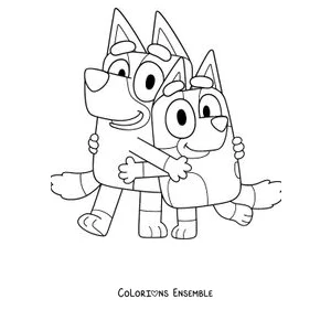 Coloriage de Bluey et Bingo qui se font un câlin