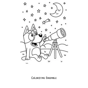 Coloriage de Bluey qui observe le ciel avec un télescope