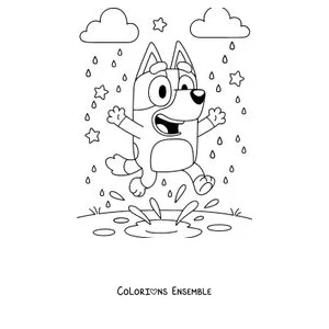 Coloriage de Bluey qui saute dans une flaque sous la pluie