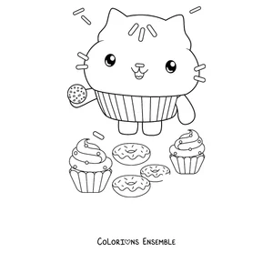 Coloriage de Cakey, le chat cupcake, avec des cupcakes et des donuts