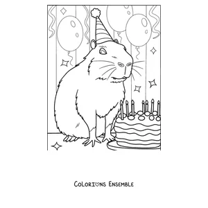 Coloriage d'un capybara qui souffle les bougies de son gâteau d'anniversaire