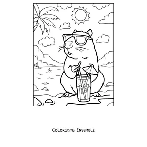 Coloriage d'un capybara avec des lunettes de soleil qui boit de la limonade