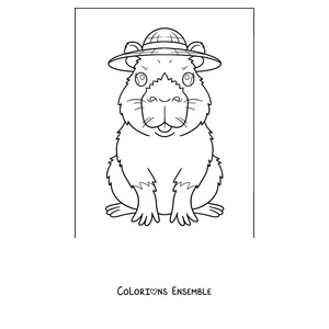 Coloriage d'un capybara avec un chapeau d'explorateur