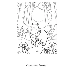 Coloriage d'un capybara avec une écharpe se promenant dans la forêt d'automne